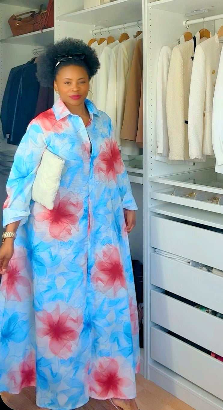 Robe tunique imprimée col V avec des poches sur les côtés