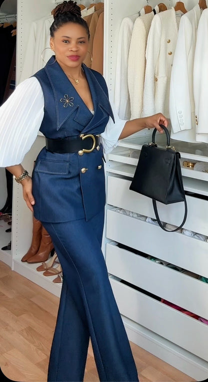 TAILLEUR JEANS MANCHES COURTES AVEC CEINTURE