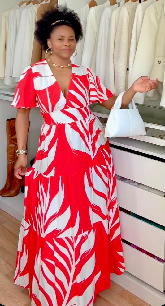 ROBE LONGUE IMPRIMEE MANCHES COURTE ROUGE ORANGEE