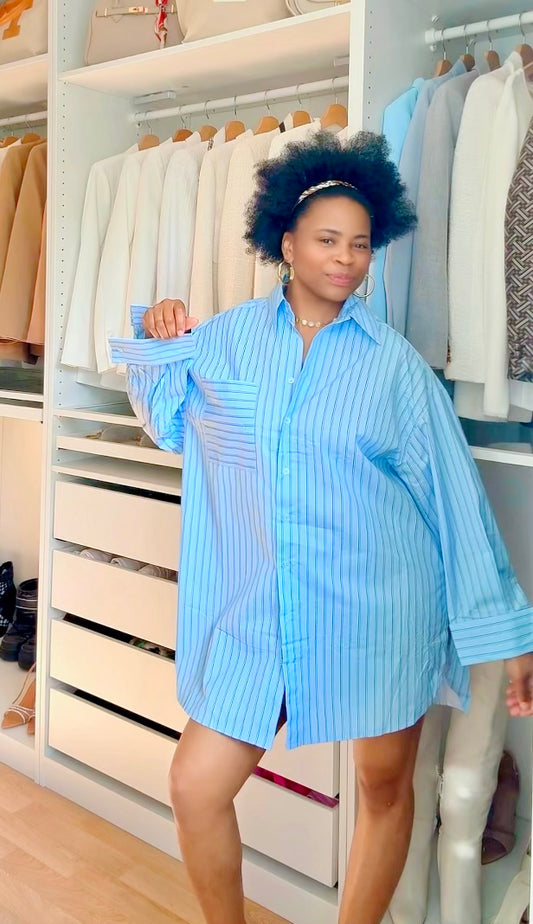 ROBE CHEMISE A RAYURES bleu ciel courte